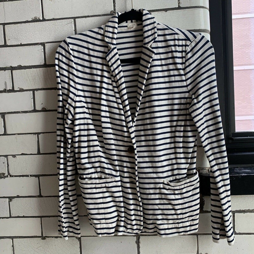 J Crew Womens Blazer Ivory Navy Blue Stripes Long Sleeves Cotton Small S